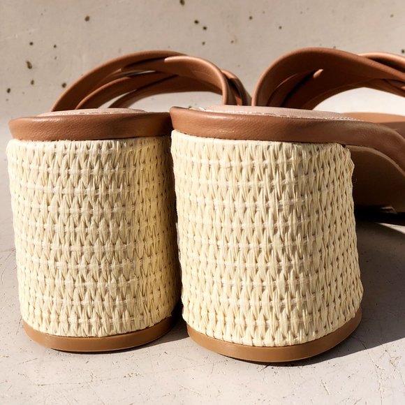 NEW Multi Crisscross Straps Natural Raffia Oval Block Heel Slip On Slide Sandals - Picture 10 of 14